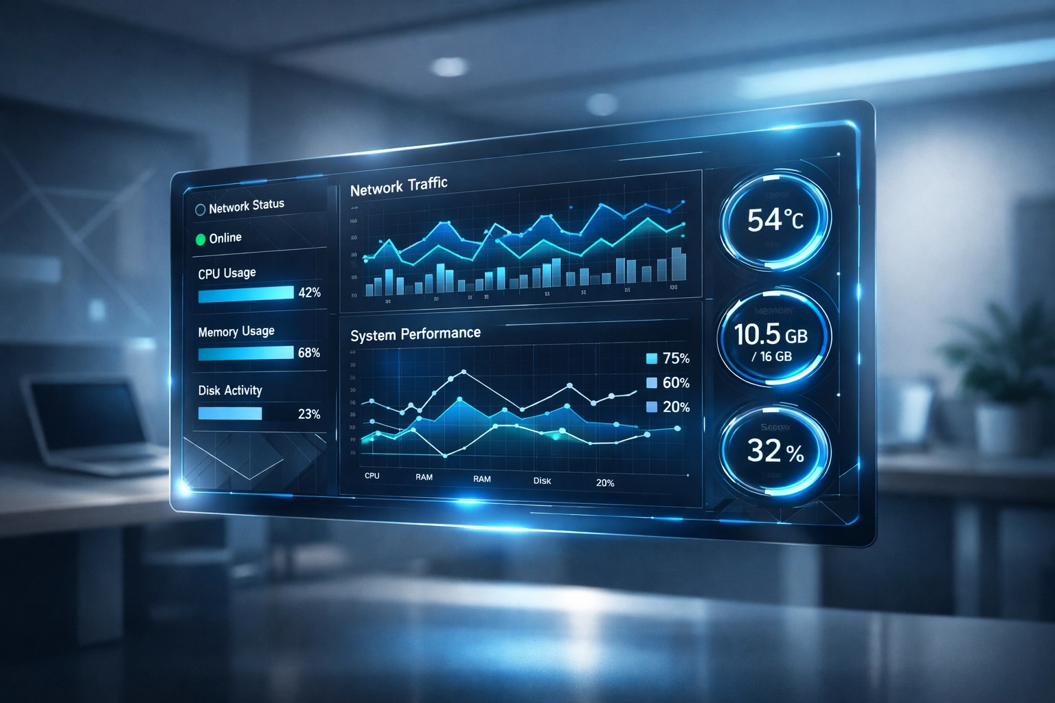 Real-time IT monitoring dashboard showing system health metrics and network status for managed services