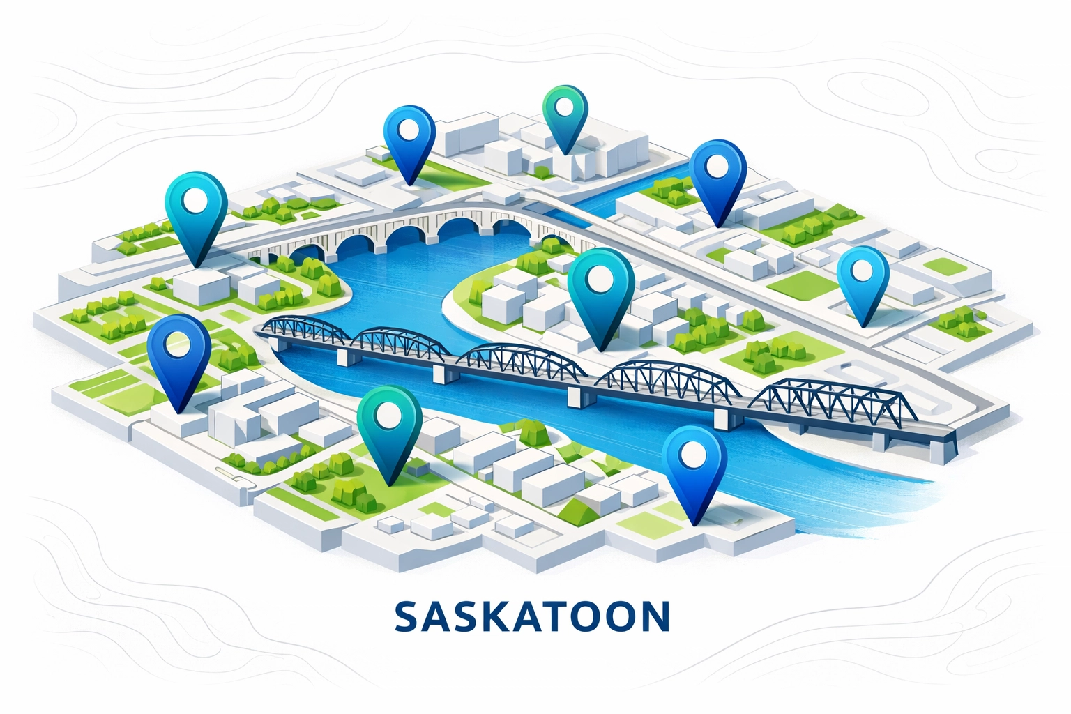 Map of Saskatoon showing local neighborhoods and bridge locations for targeted marketing