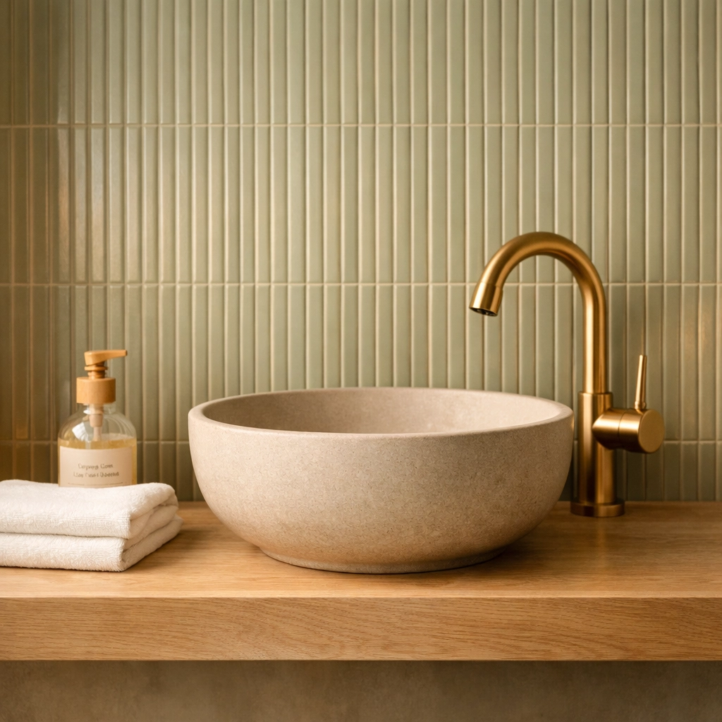 Luxury bathroom design in Nottingham featuring sage green tiles, stone sink, and 2025 colour ideas.