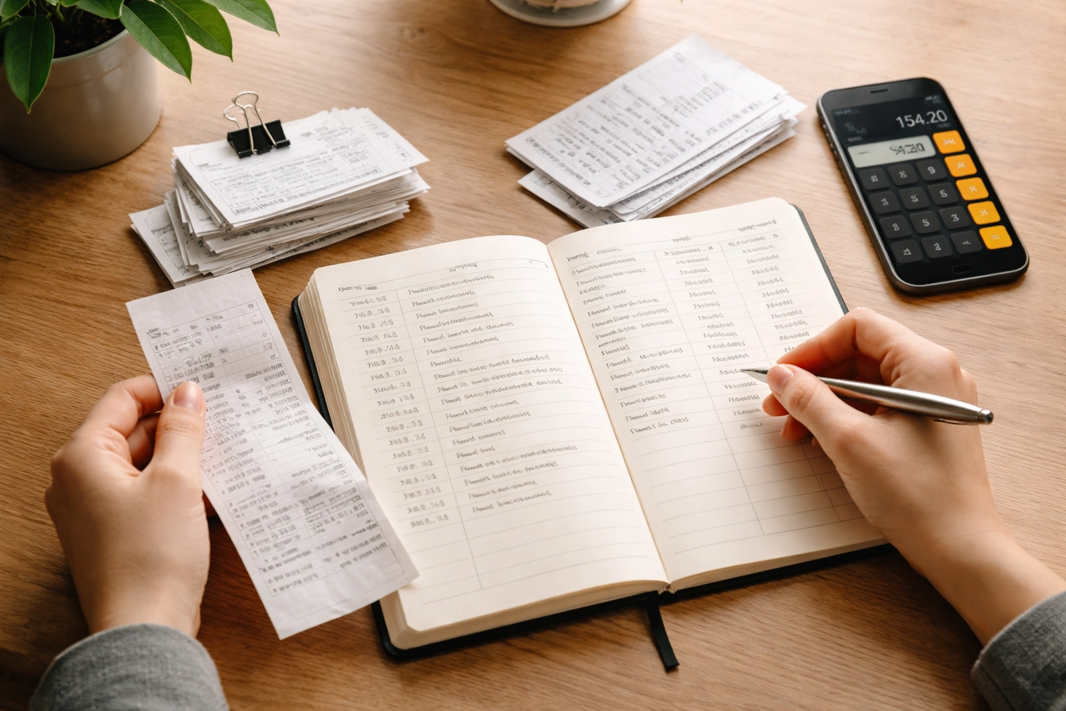 Hands reviewing receipts and expense ledger at a neat desk, illustrating accurate bookkeeping and tax deductions.