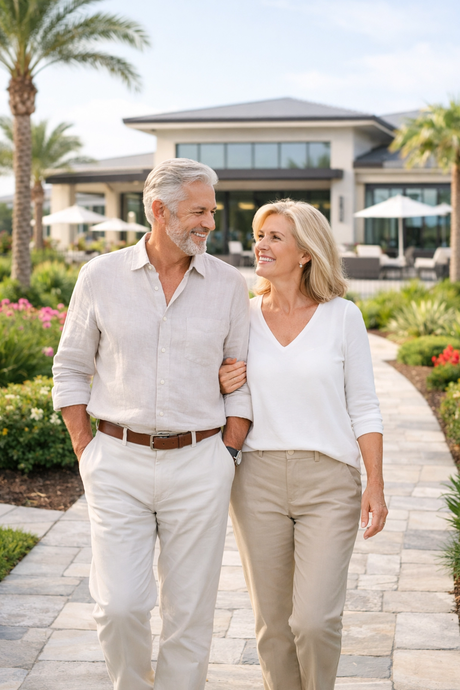 Happy couple walking in Wesley Chapel FL, confident in their retirement planning and financial security.