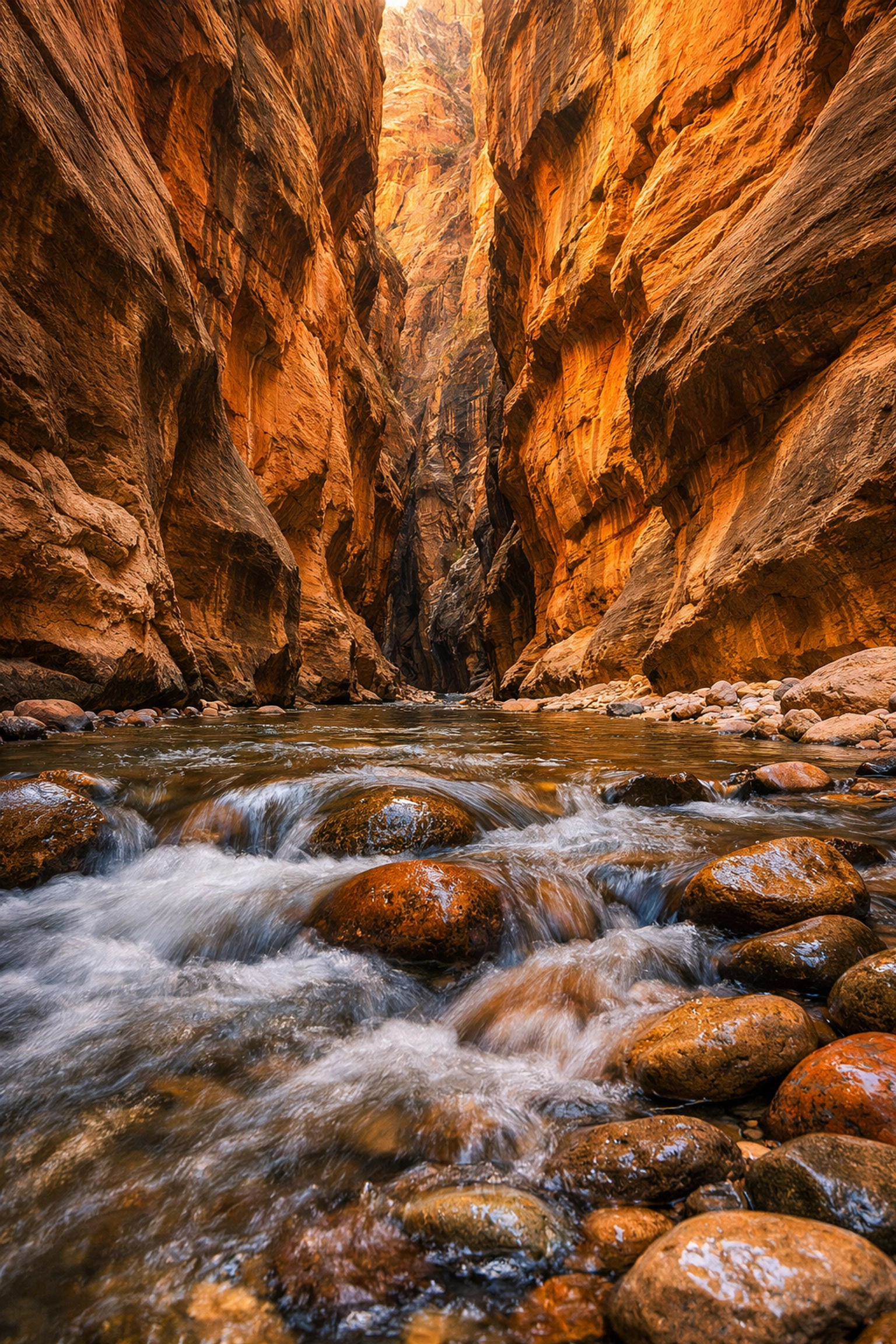 The Narrows in Zion National Park, one of the best photography locations with glowing orange canyon walls.