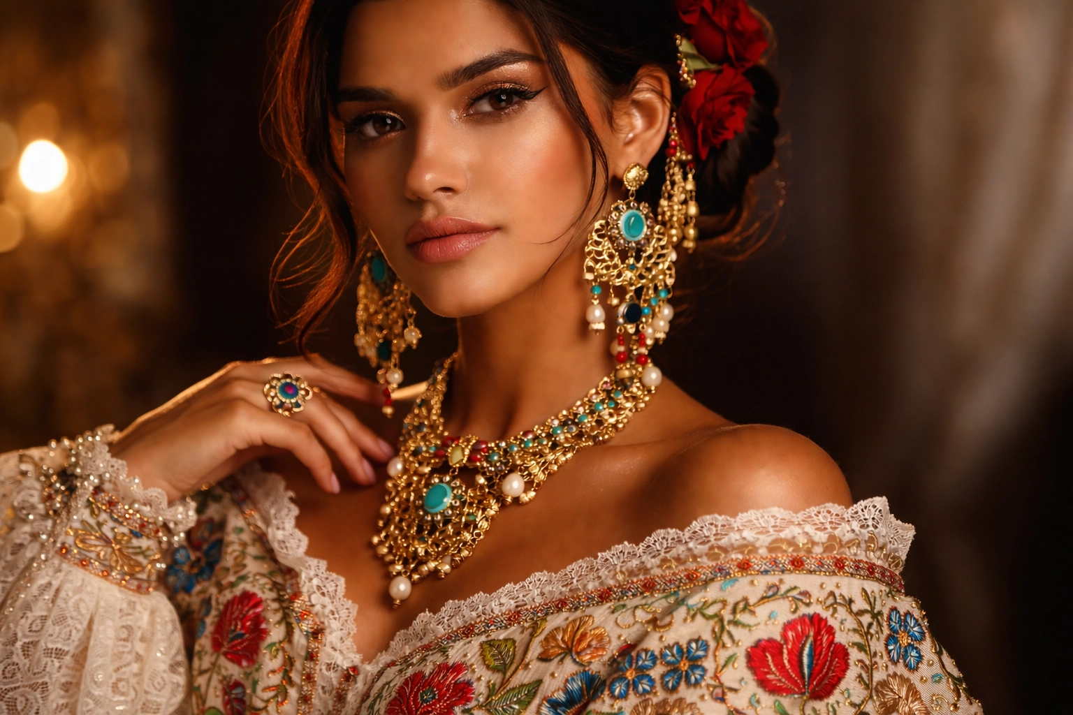 Close-up of a Latina model displaying handcrafted fashion details and Latin heritage jewelry, highlighting Latin creativity at DC Fashion Week.
