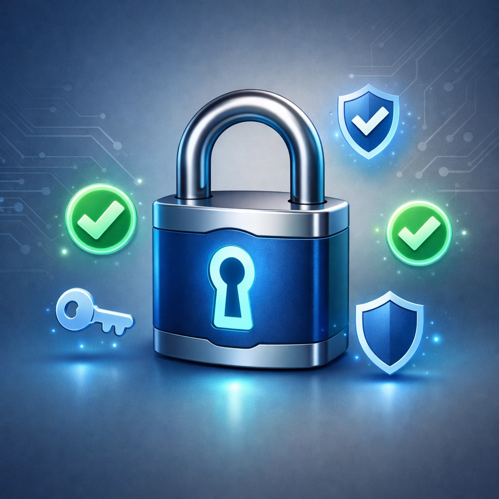 Email authentication security with digital padlock and verification symbols protecting business emails