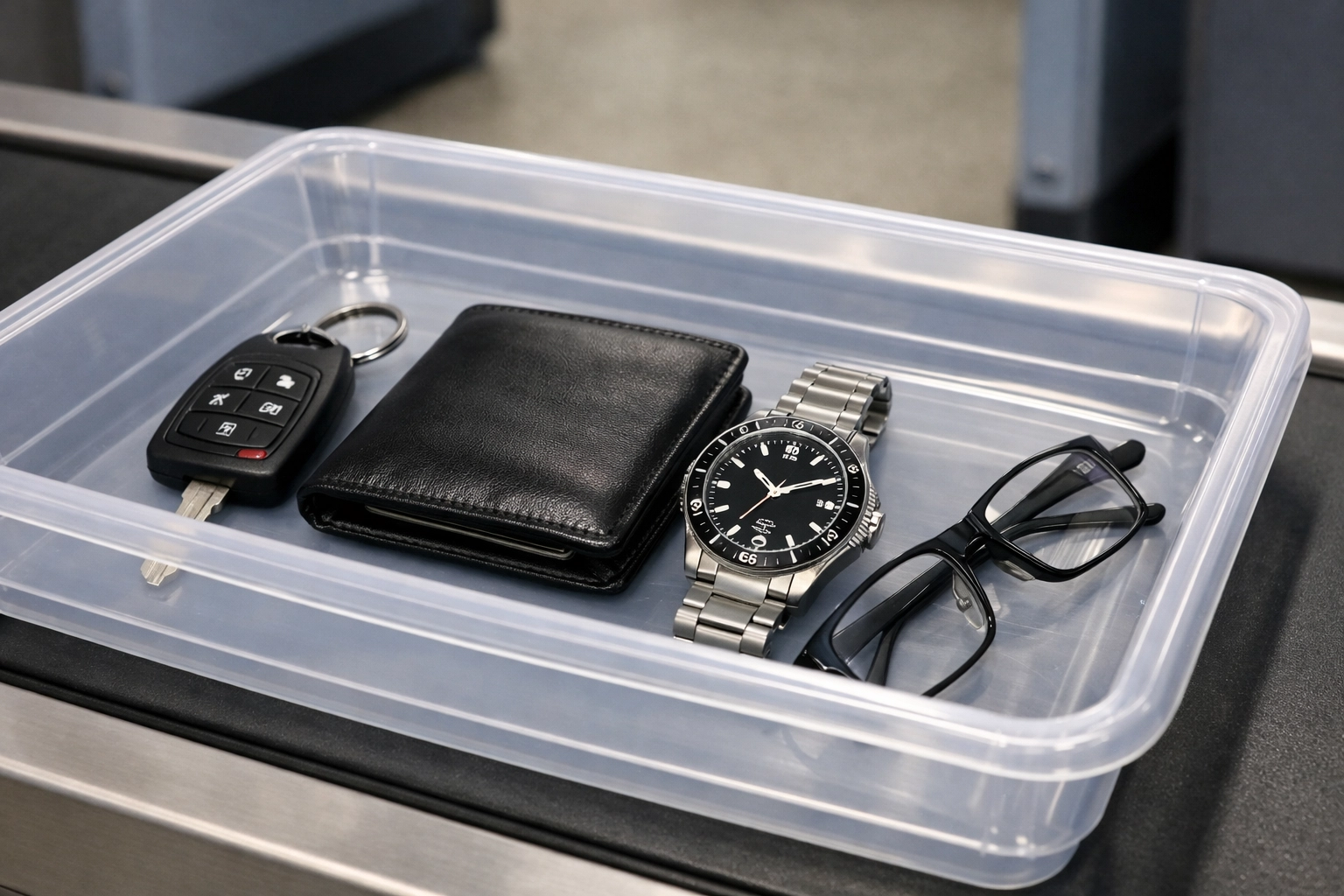 Stafford J&DR Court guide: personal items in a security bin at the Stafford courthouse entrance checkpoint