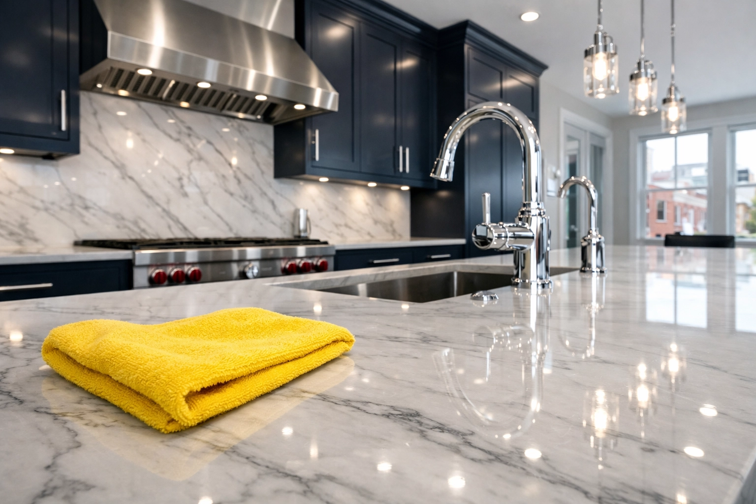 Professional move-in cleaning services in Boston showing a sanitized luxury kitchen with marble countertops.