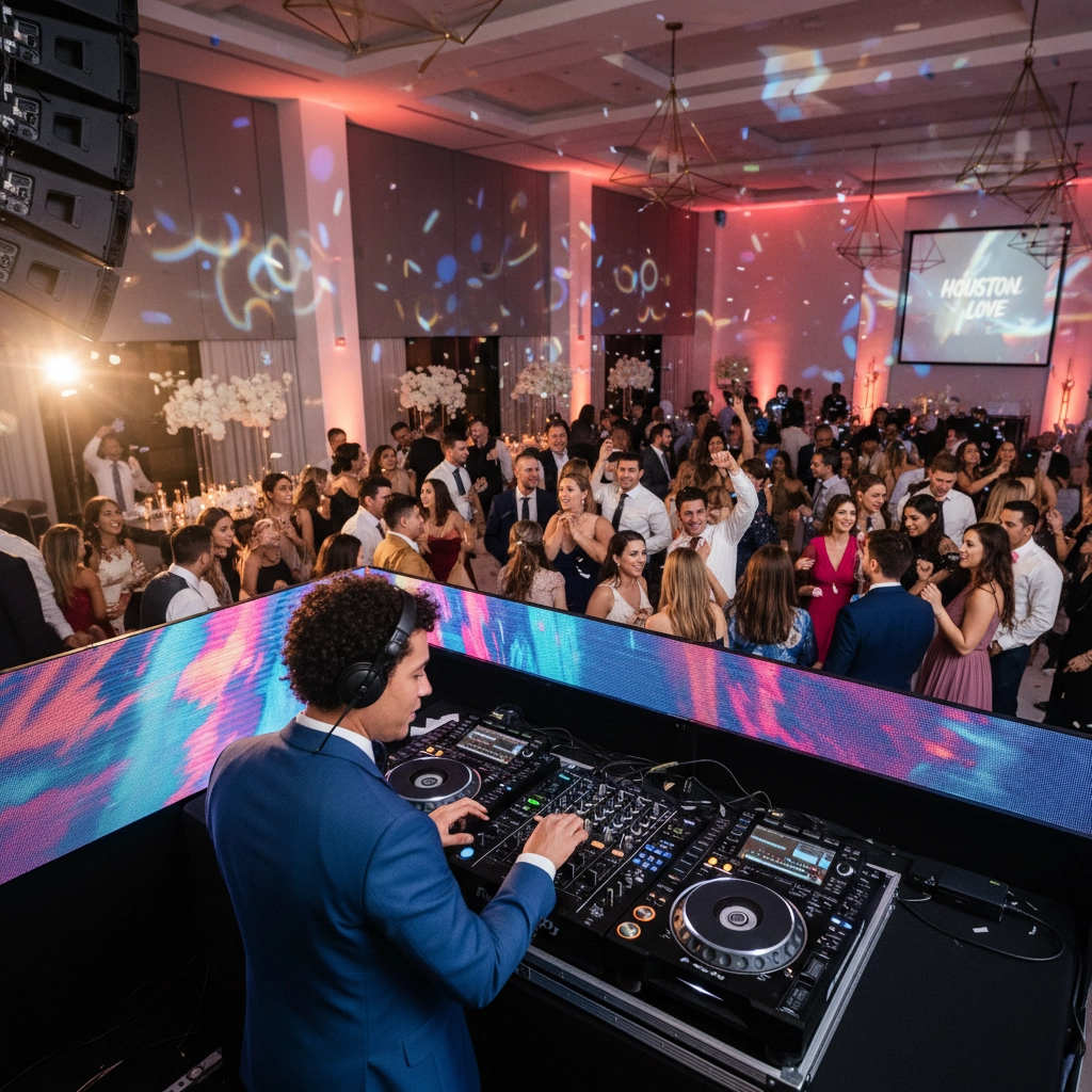 DJ in blue suit plays music at a lively party. Guests dance under colorful lights. A screen displays "Houston Love." Elegant decor.