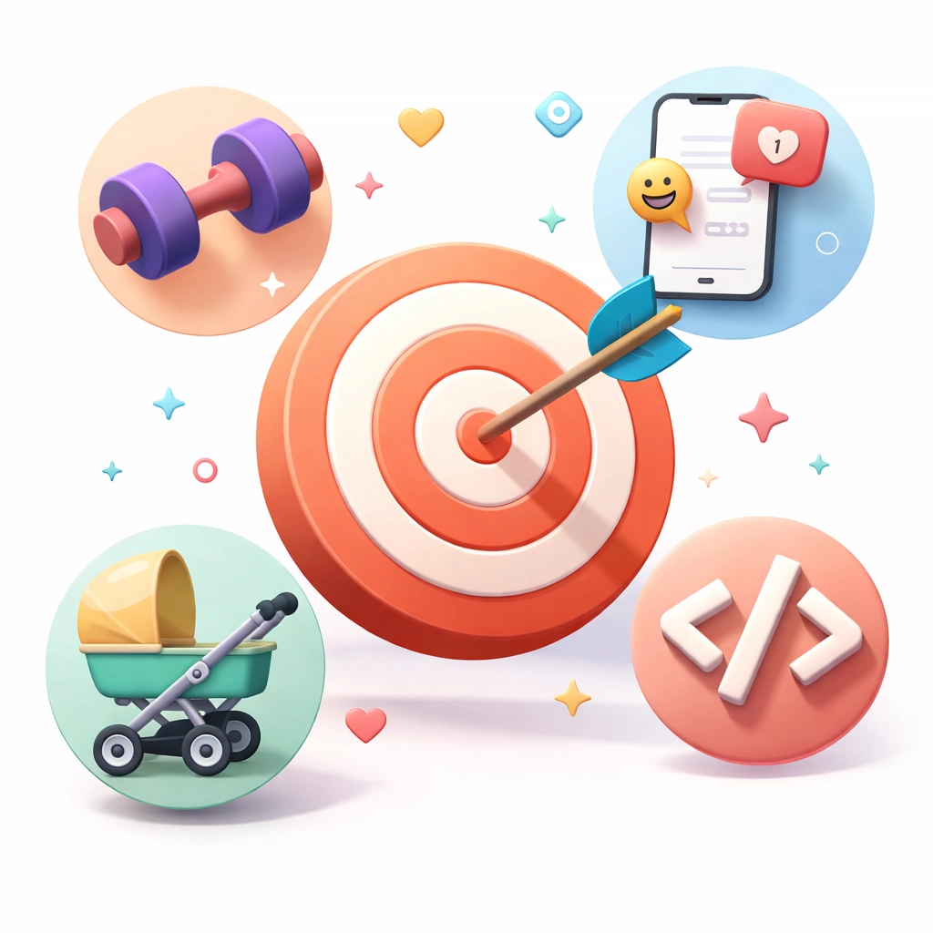 Target with arrow and niche icons representing choosing profitable niches in digital product selling