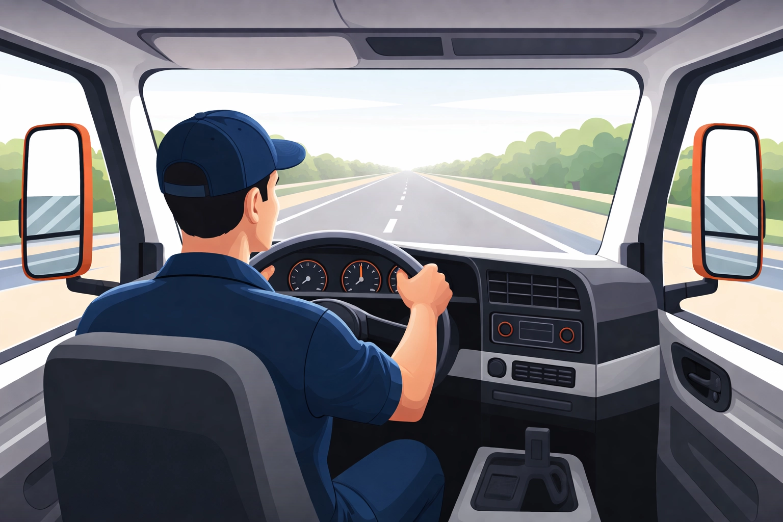 A focused commercial truck driver at the wheel, looking ahead on a clear road, promoting defensive driving habits.