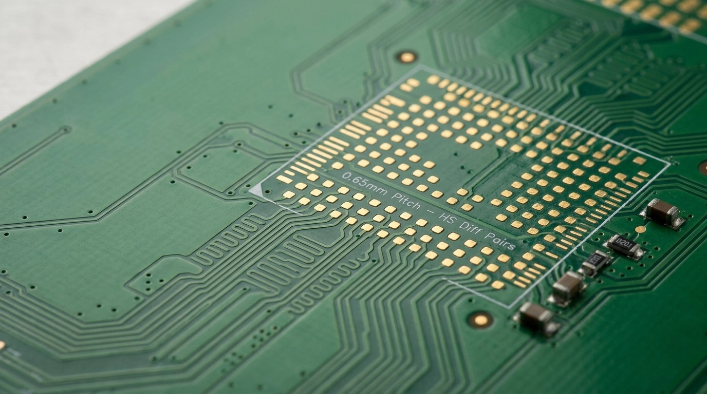 Hero: extreme macro photography of a substrate-like PCB with 0.65mm pitch BGA footprint and high-speed differential traces