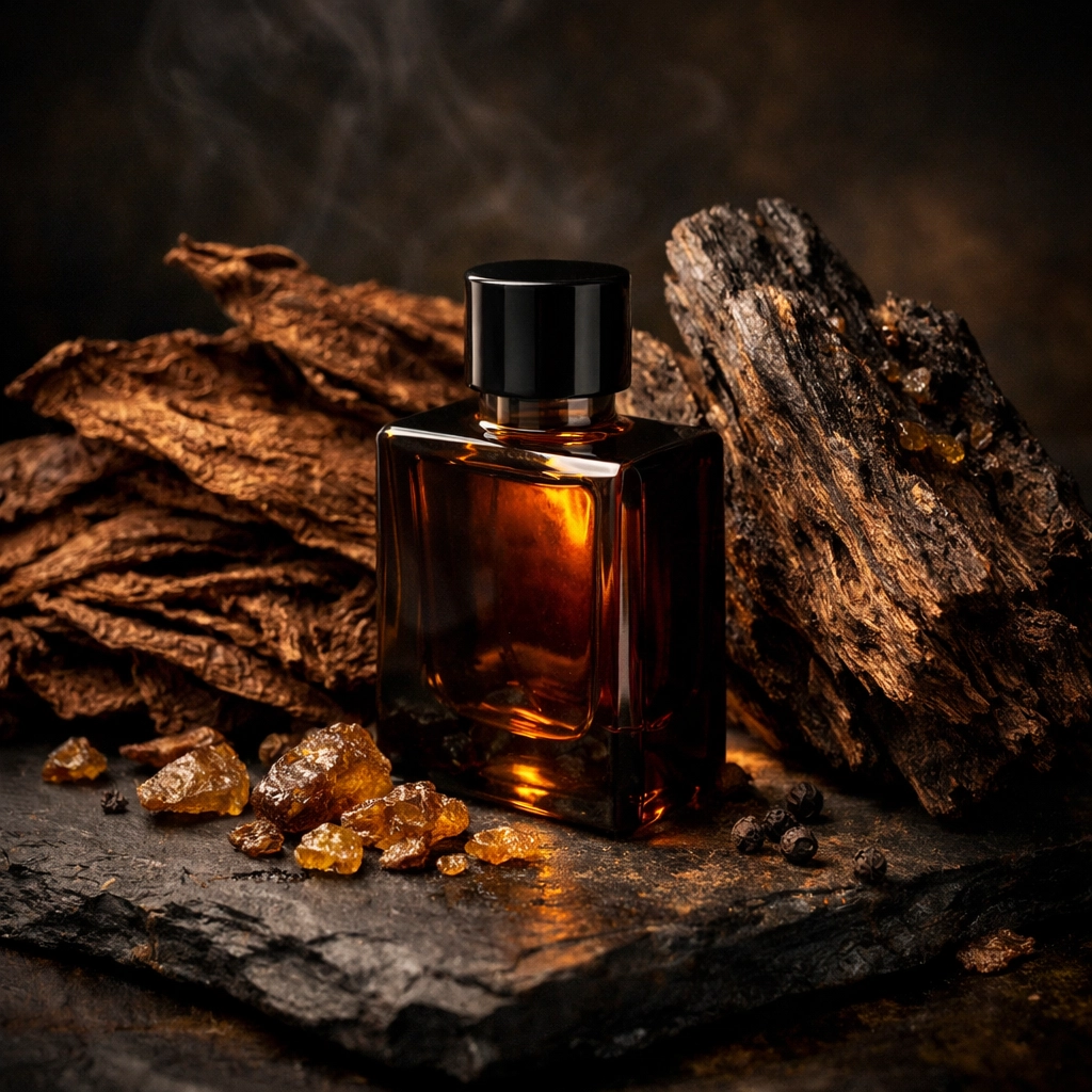 Luxury beard oil bottle with raw tobacco and oud wood showing complex fragrance ingredients.