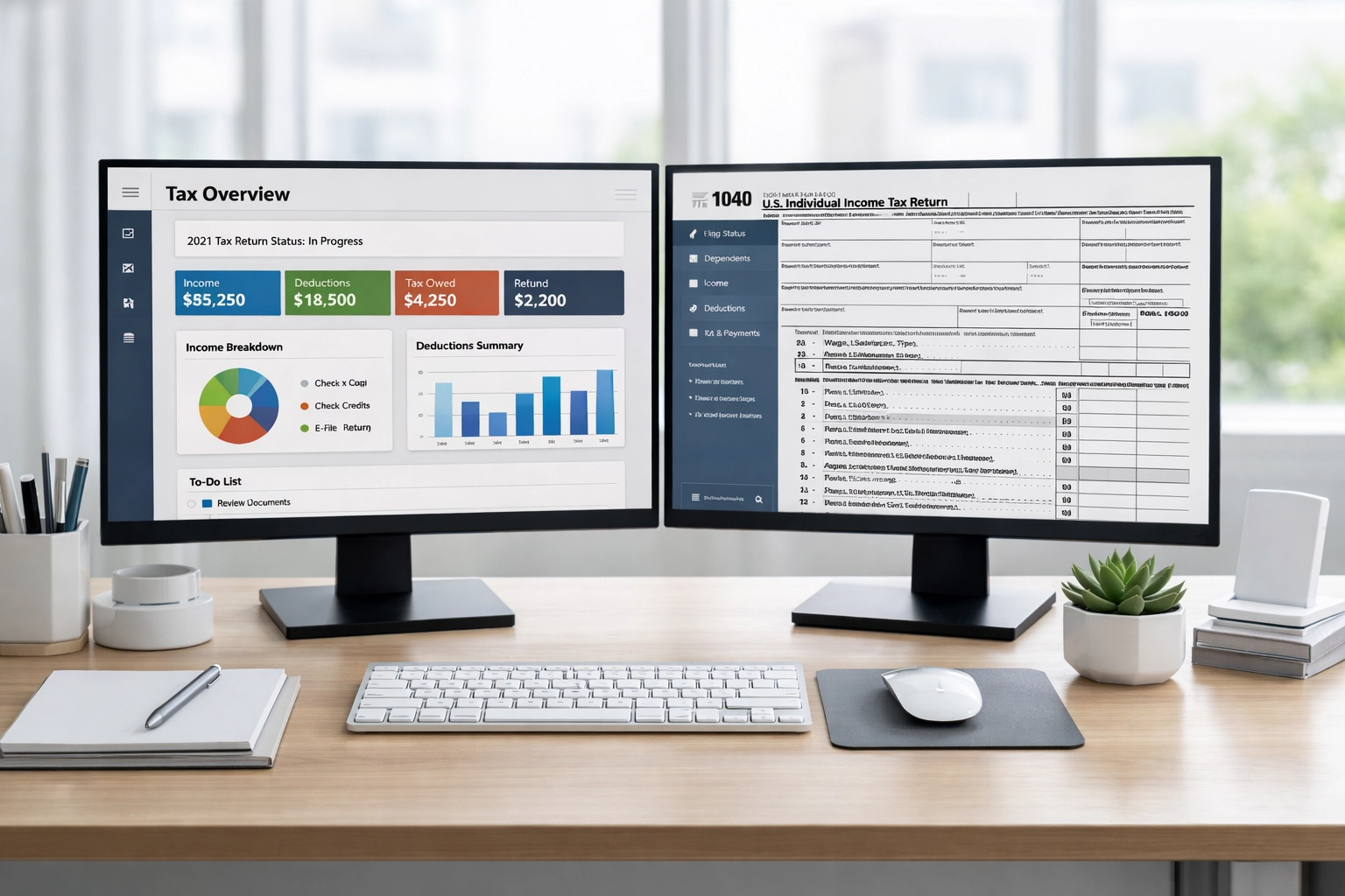 Tax preparation workspace with dual monitors and tax software systems