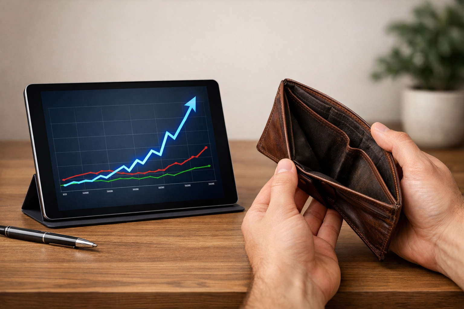 An empty wallet next to a rising graph, illustrating the gap between email list size and actual revenue.