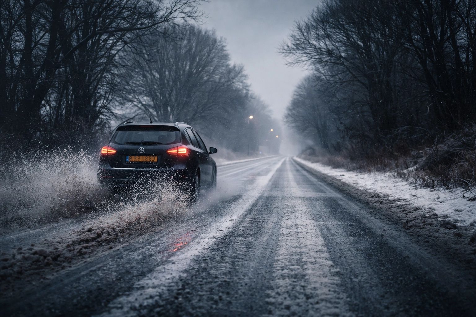 Car driving in winter on a salt-treated UK road, with visible salt residue and slush spray