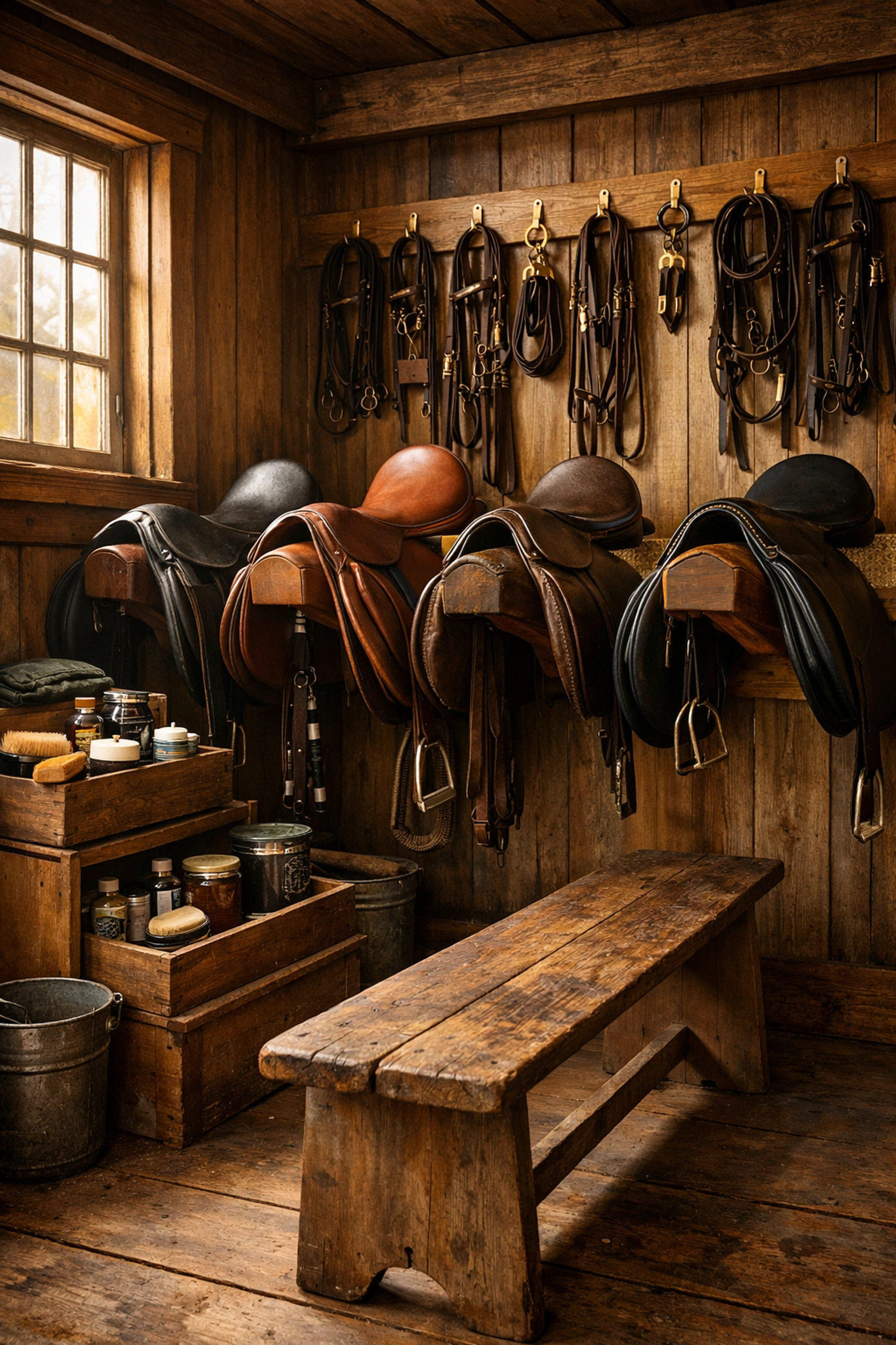 Organized tack room with saddles, bridles, and equestrian gear in Charlotte area horse facility