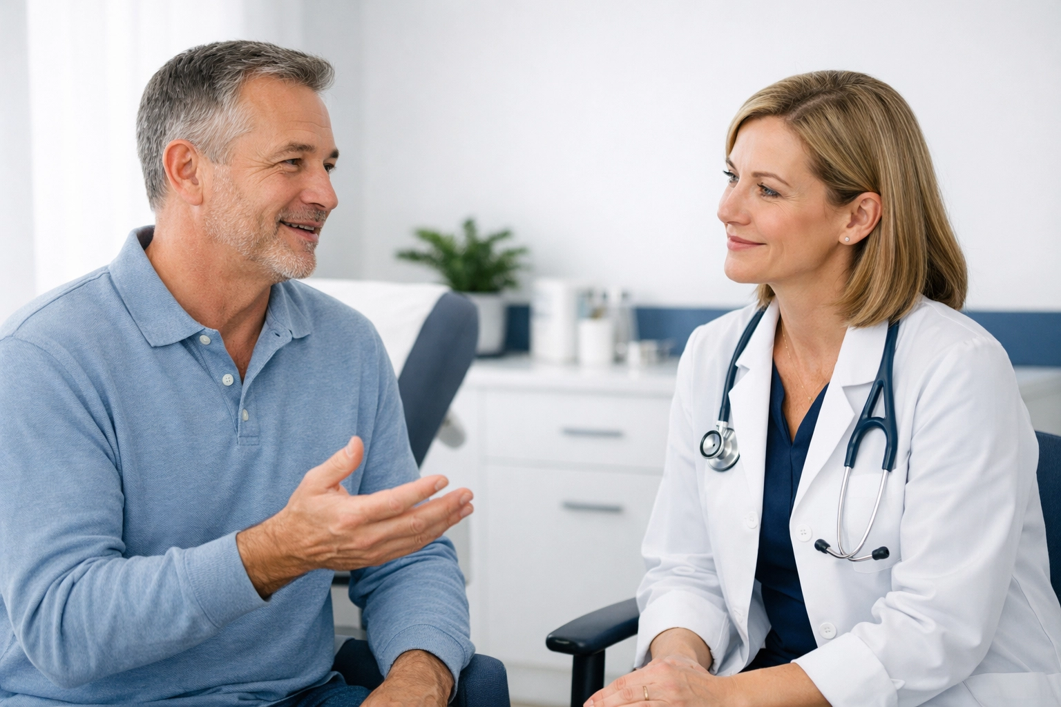A consultant discussing heart fluttering symptoms with a patient during a medical consultation.