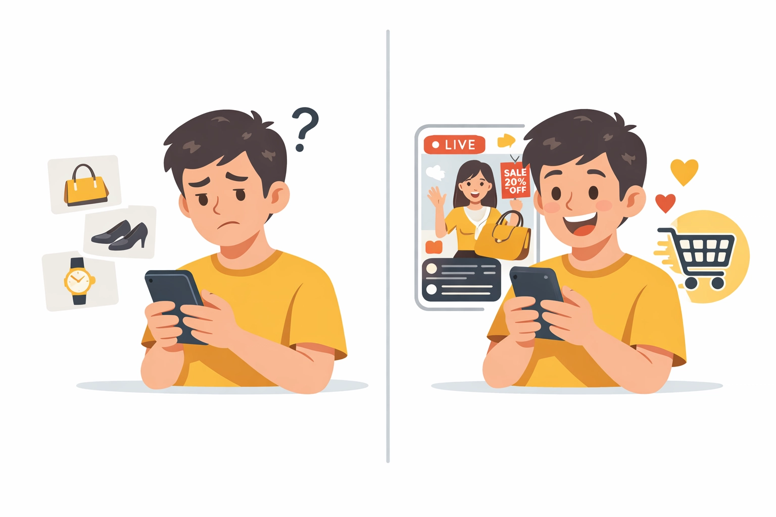 Live shopping stream vs static product photos comparison showing higher engagement and conversion