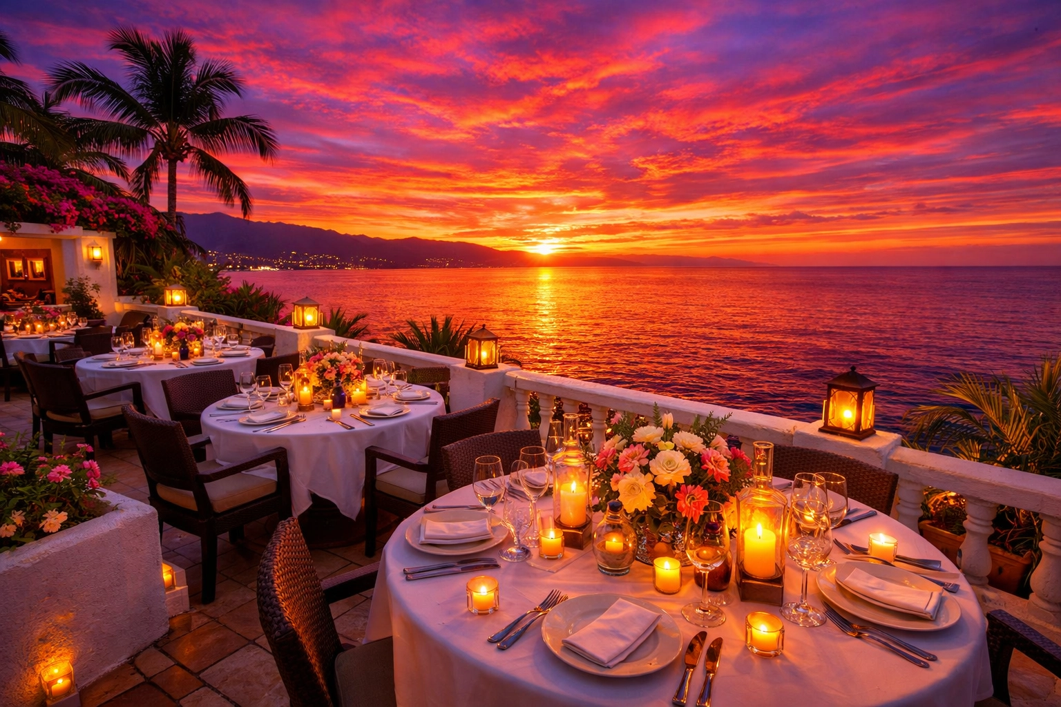 Oceanfront restaurant terrace in Puerto Vallarta with sunset views over Banderas Bay for couples