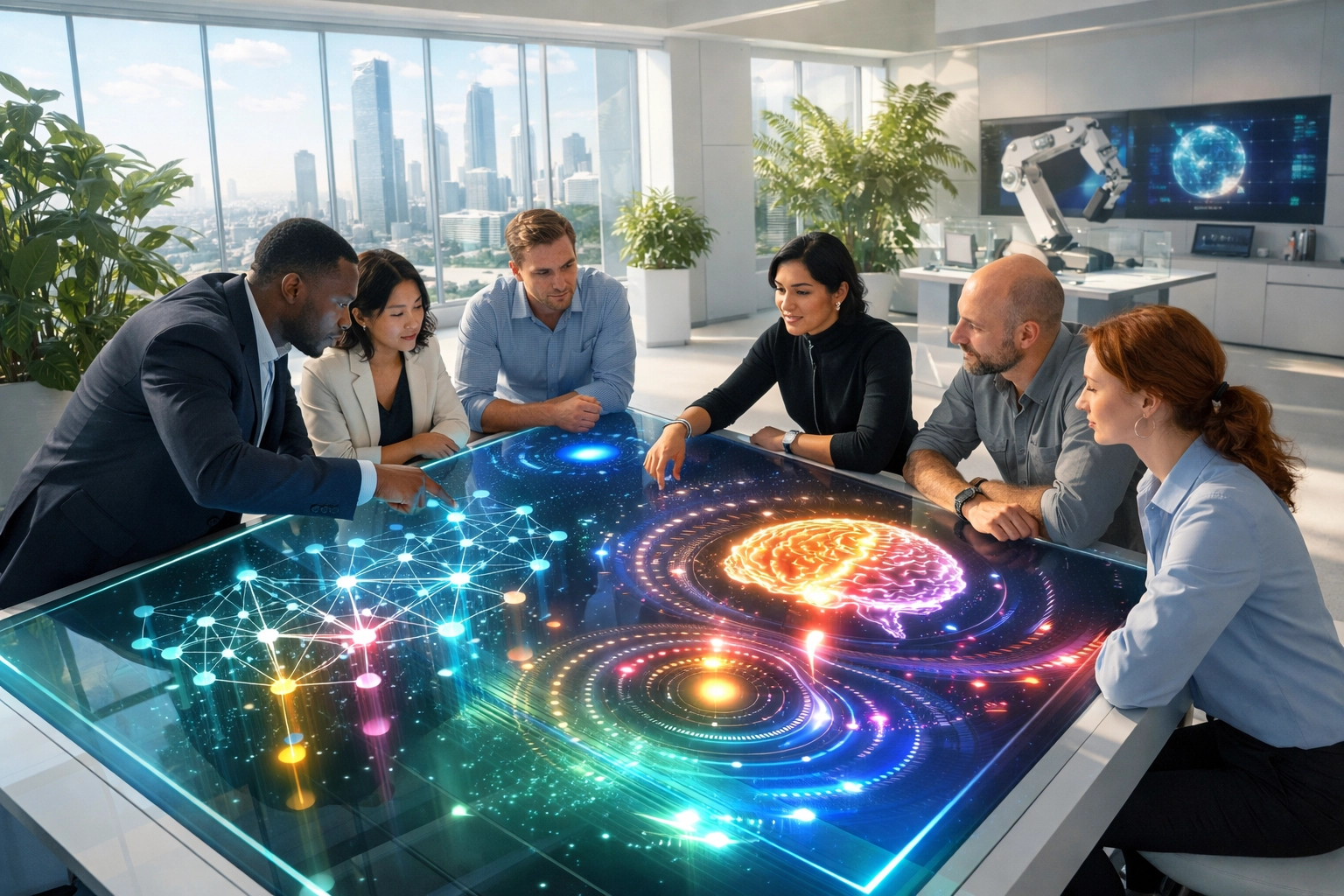 IT strategists analyze ServiceNow data visualizations in a modern innovation lab for ROI planning.