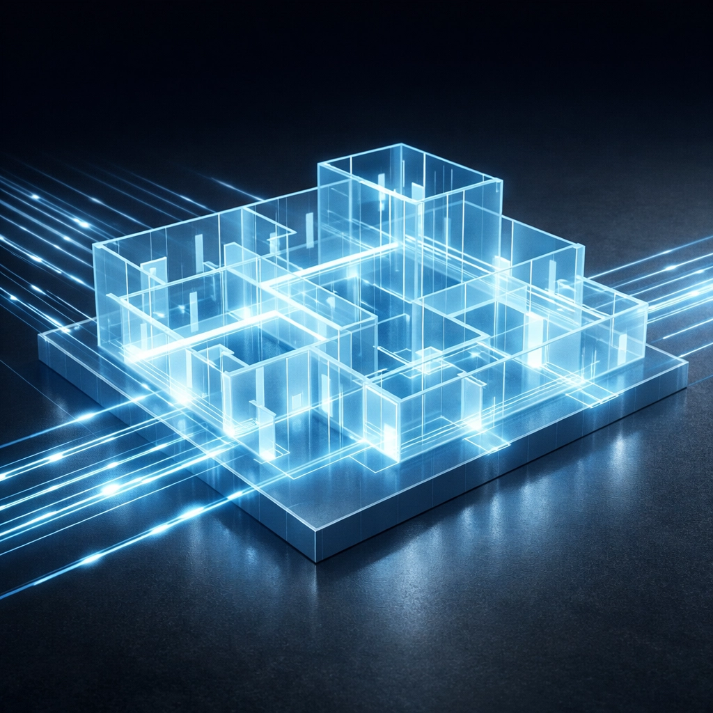 Abstract digital blueprint representing a scalable foundation for bespoke AI business automation and workflows.