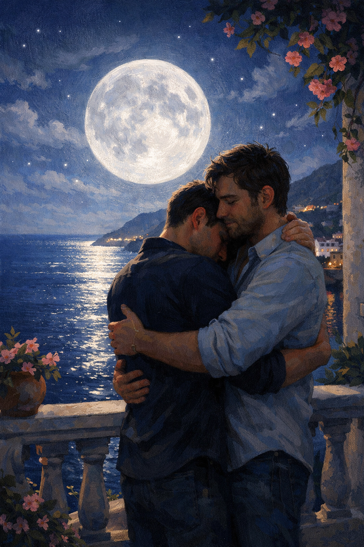 Two men embracing on a Mediterranean balcony, illustrating a romantic happy ending in modern MM romance stories.