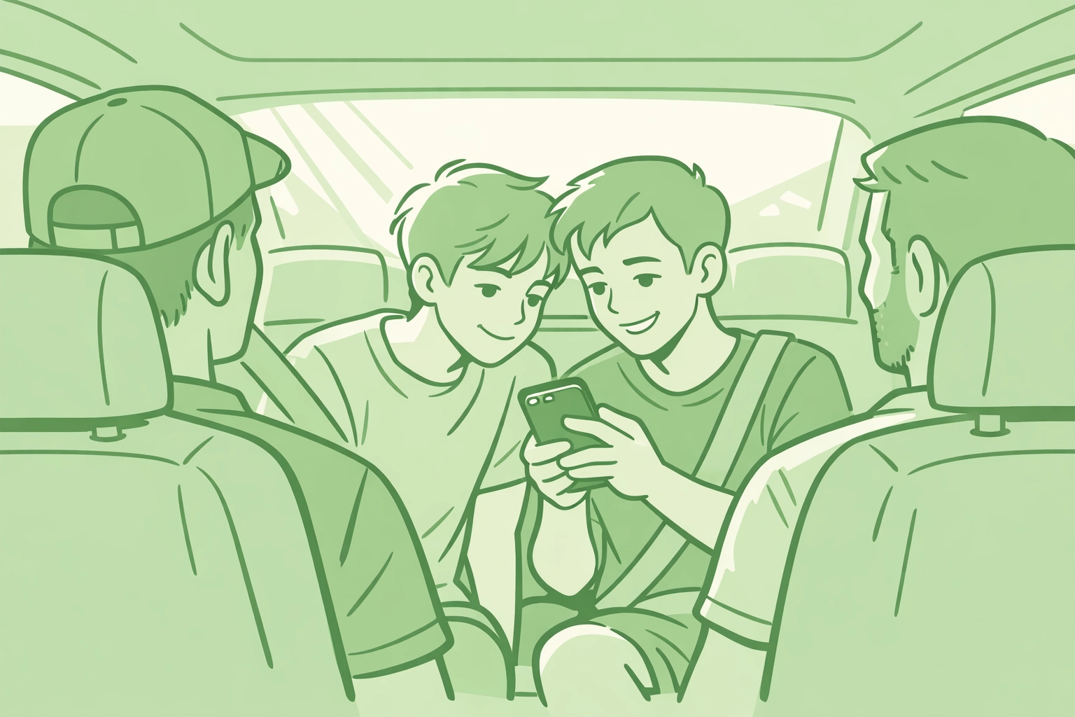 Queer teens and gay dads connecting over phone during family road trip journey