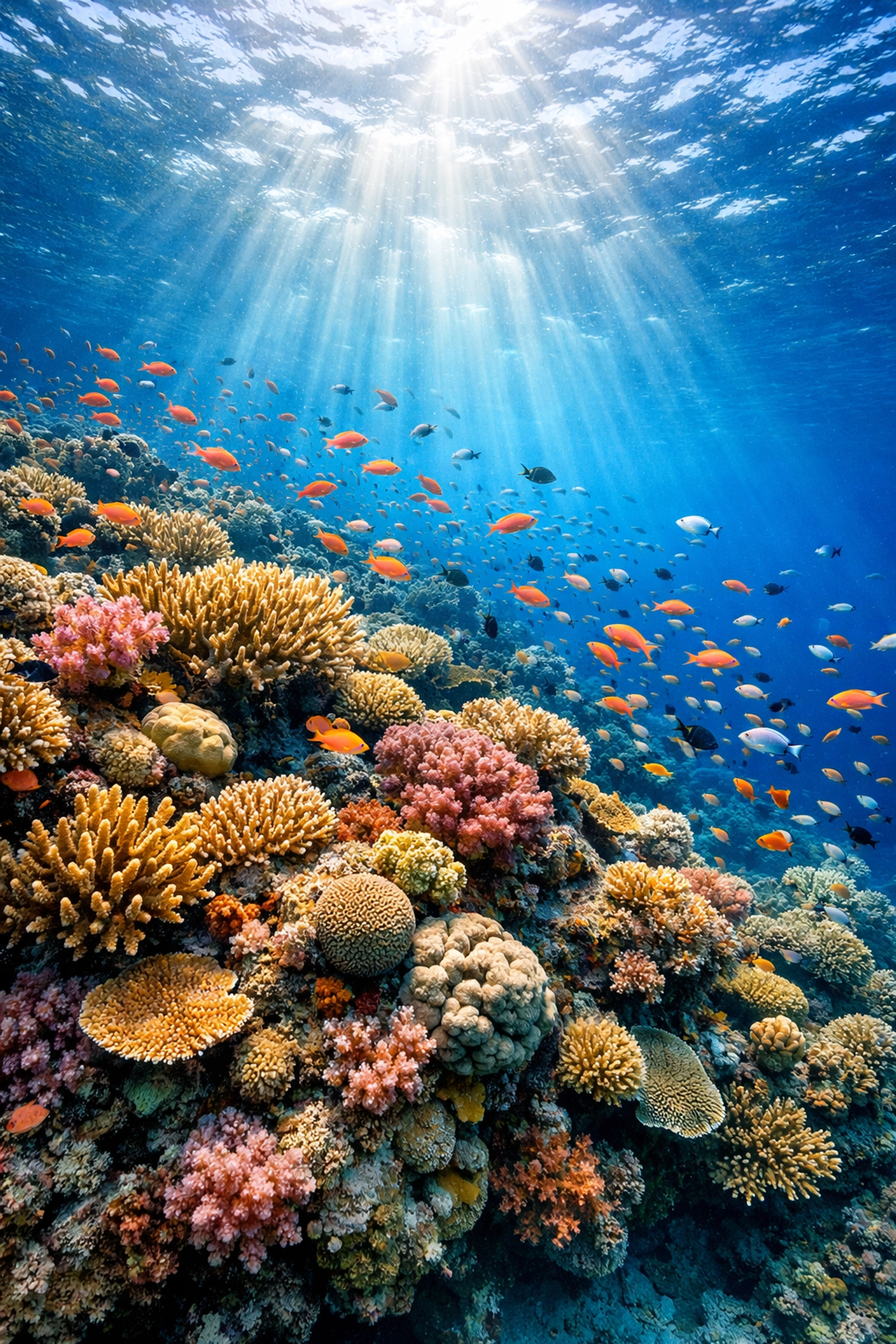 Vibrant coral reef with tropical fish and sunlight, highlighting marine biodiversity for conservation impact.