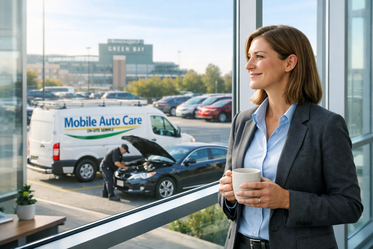 Employee observing onsite mobile car maintenance from a Green Bay office, representing a workplace perk.