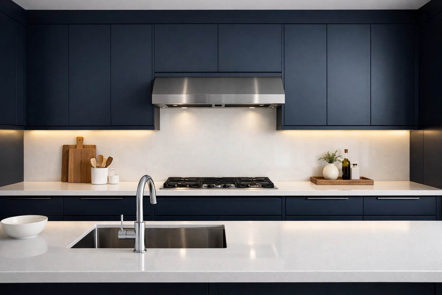 A spotless Westwood luxury home kitchen with white quartz countertops representing elite residential cleaning services.