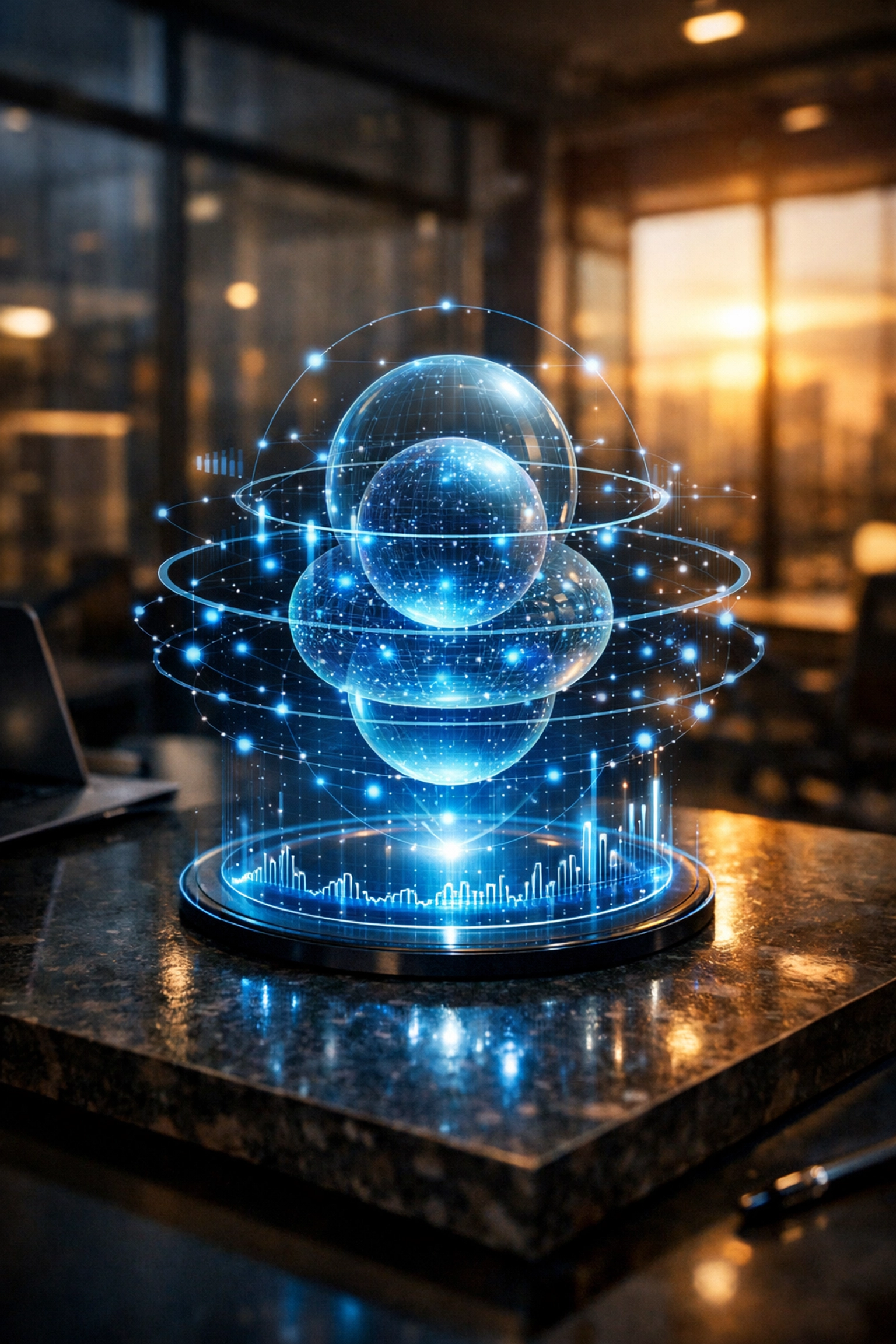 Advanced holographic data visualization showing intelligent workflow automation in a modern office setting.