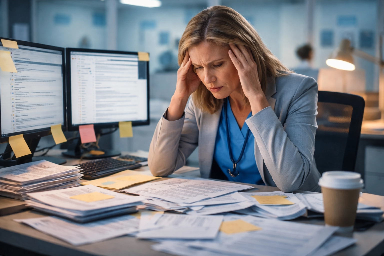 Overwhelmed healthcare administrator at cluttered desk highlights inefficiency of manual HIPAA incident reporting.