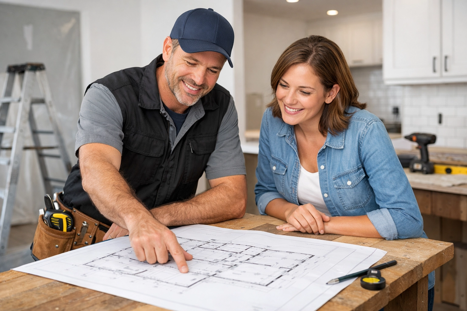 Orlando remodeling expert and homeowner discussing project blueprints for a high-quality renovation.