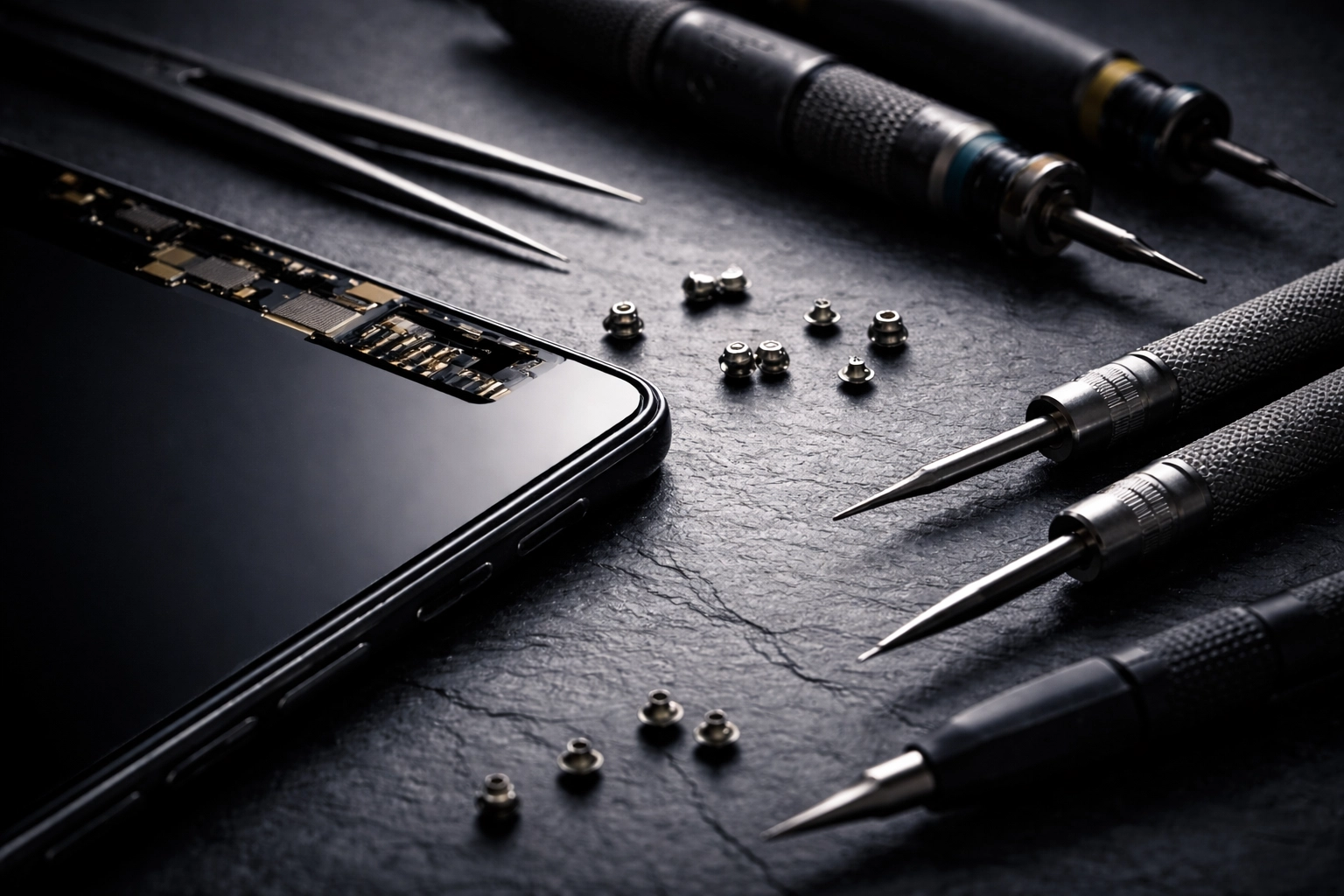 Close-up of premium phone screen parts and tools, emphasizing quality components in professional screen repair.