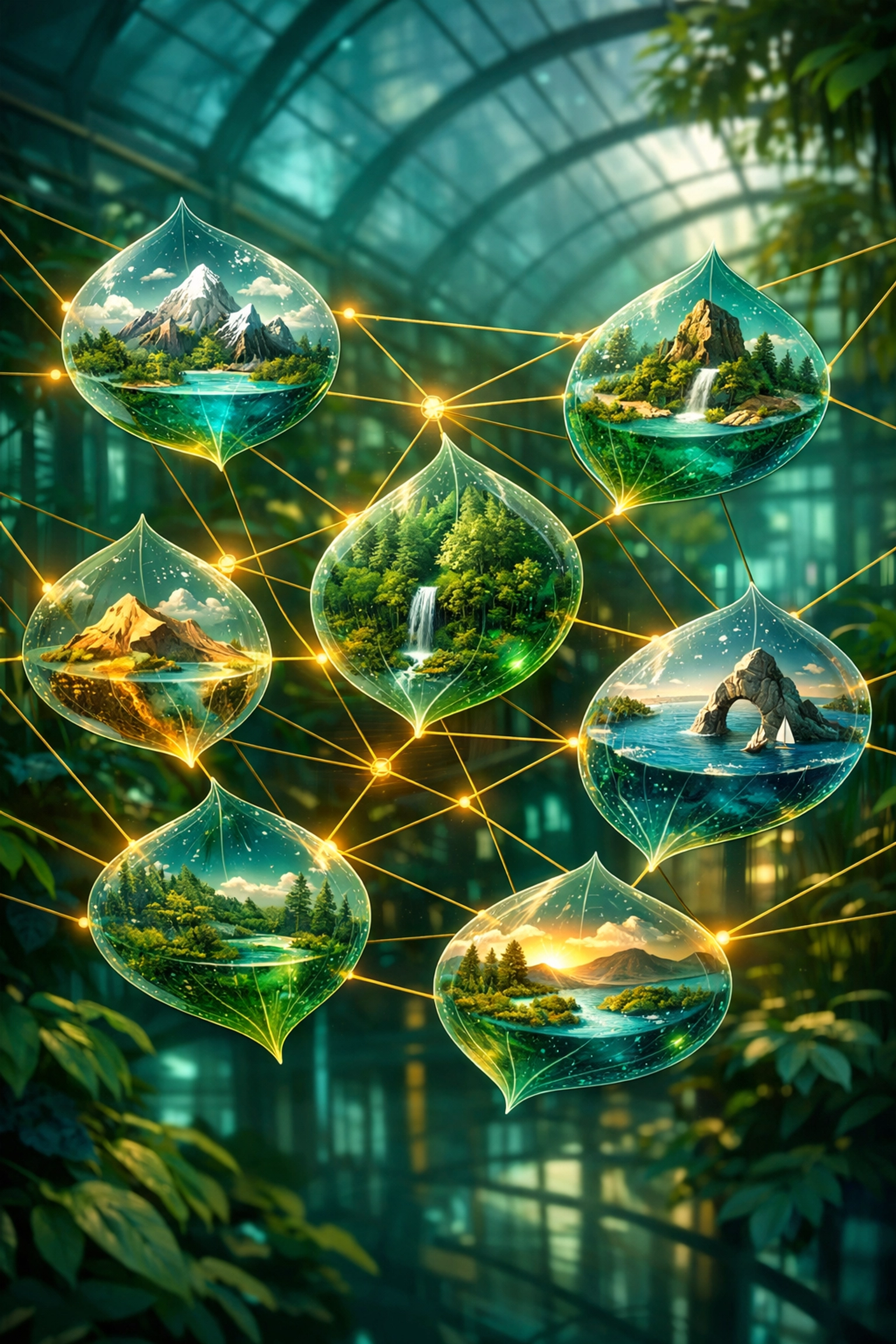 An interconnected digital ecosystem of glowing leaves illustrating third-party advertising partner networks.