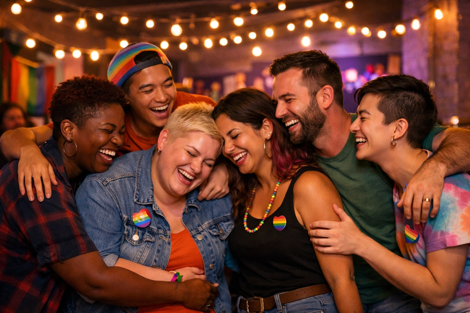 LGBTQ+ friends embracing and celebrating together in a welcoming community space