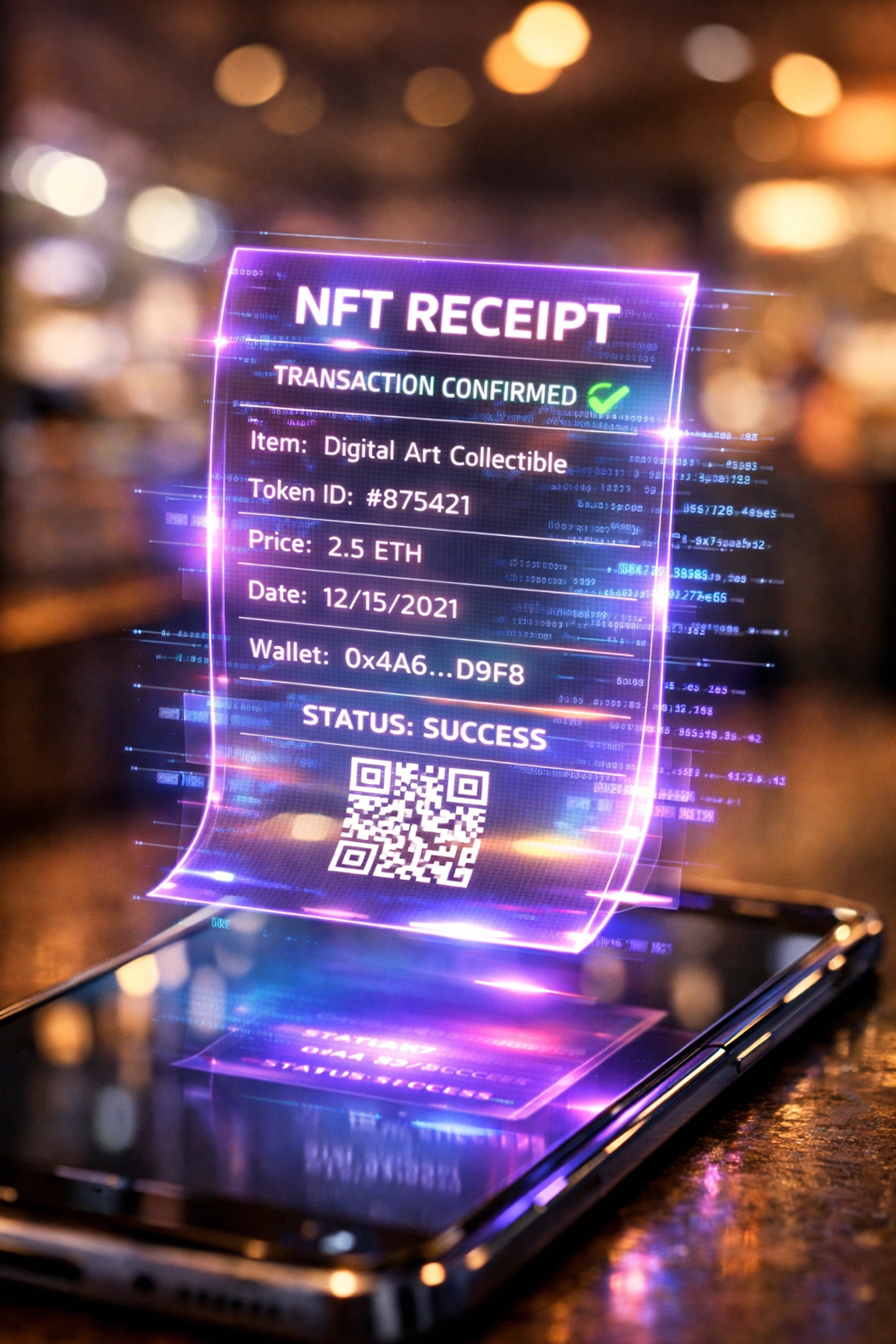 Digital NFT receipt displaying blockchain transaction details for crypto payment verification