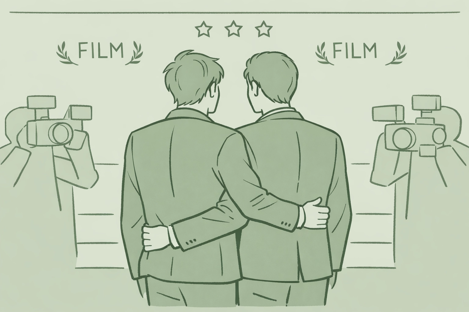 Gay couple at film premiere red carpet - public coming out in entertainment industry