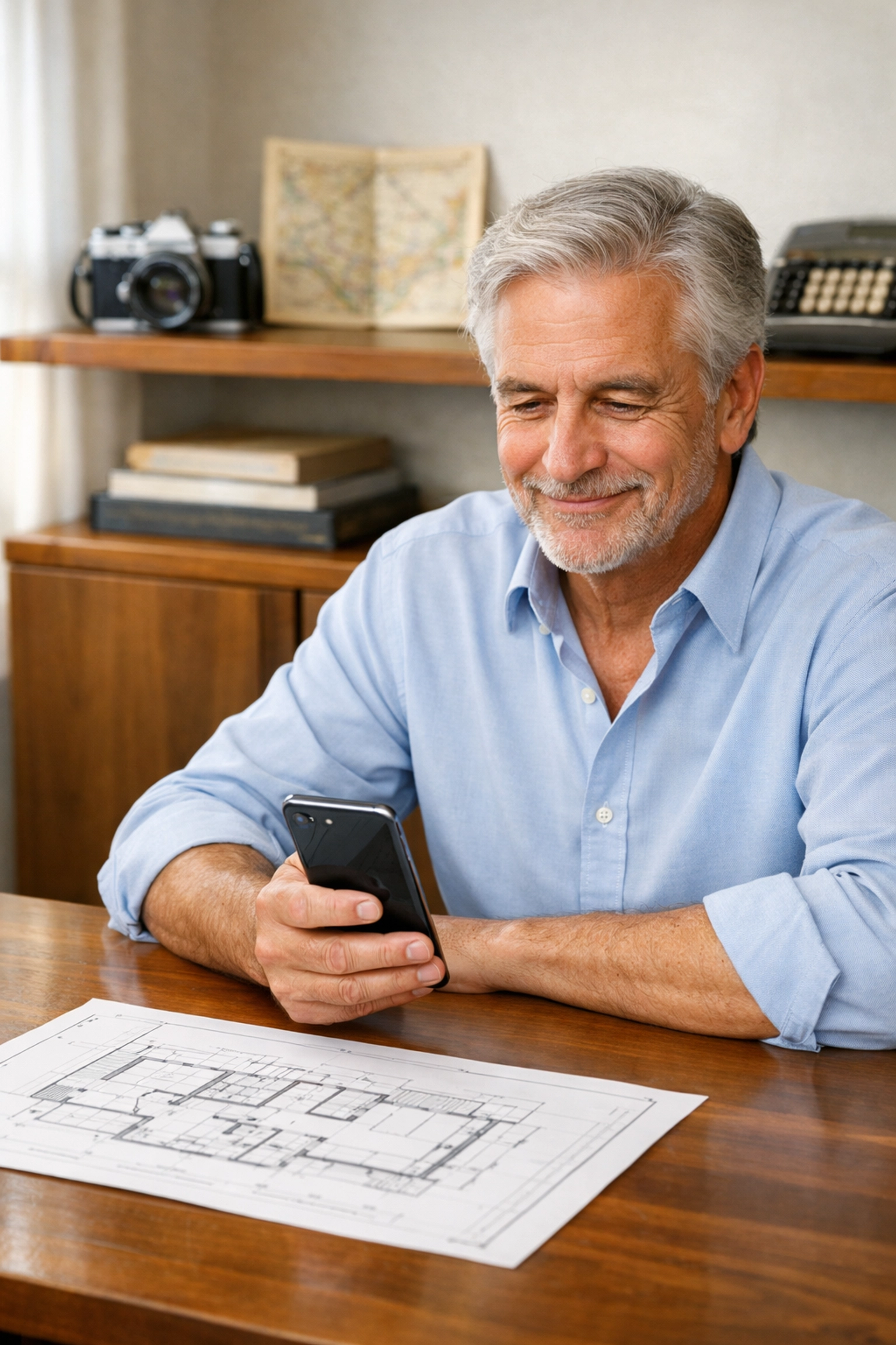 Retiree reviewing financial architecture on a smartphone, representing multi-pillar assets over traditional investments.