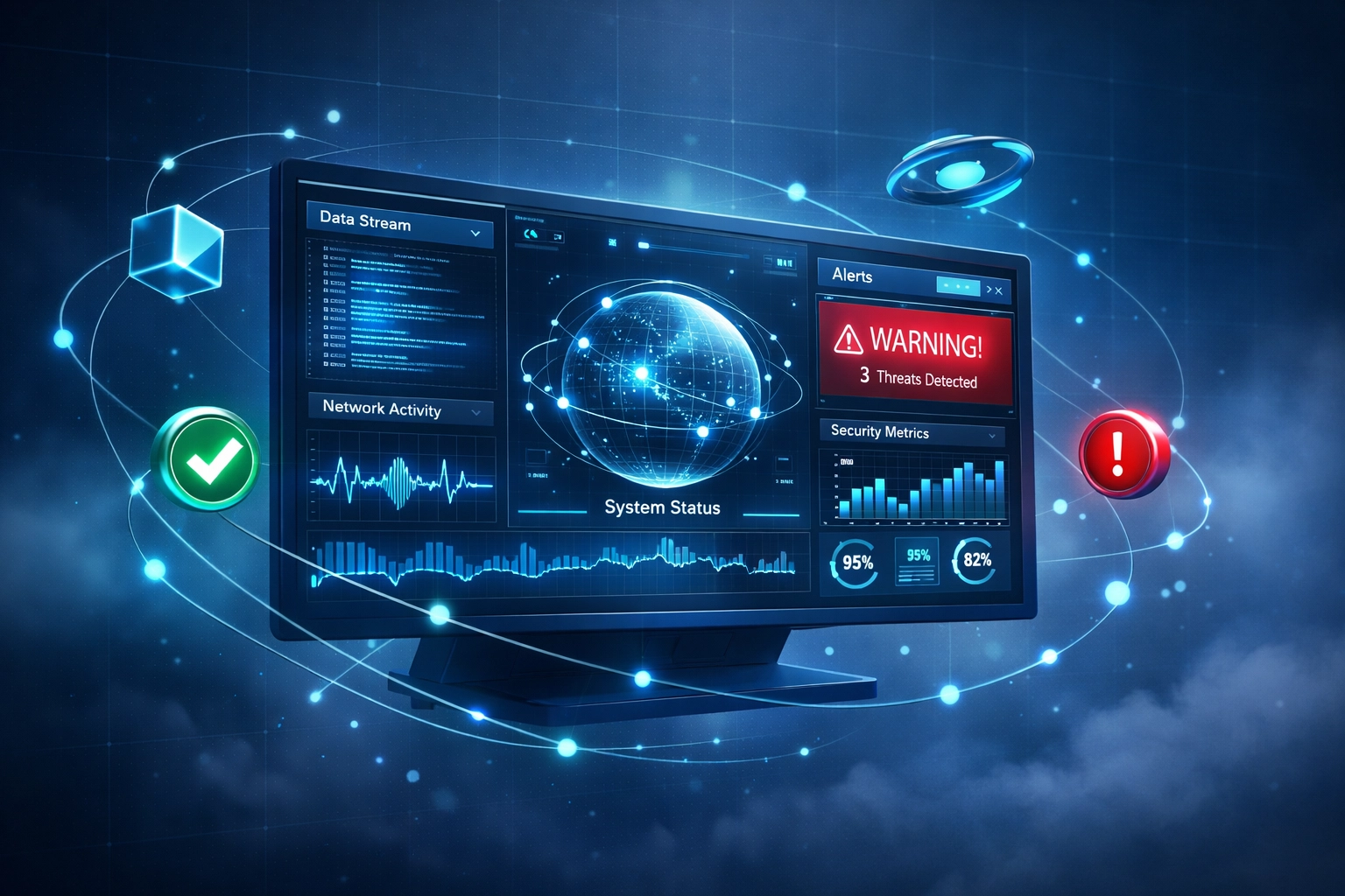Continuous monitoring dashboard displaying real-time security alerts and data analysis