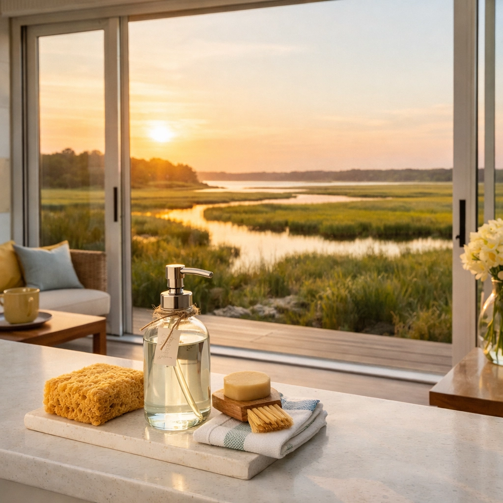 Eco-friendly cleaning supplies on a kitchen counter overlooking a scenic Duxbury salt marsh at sunset.