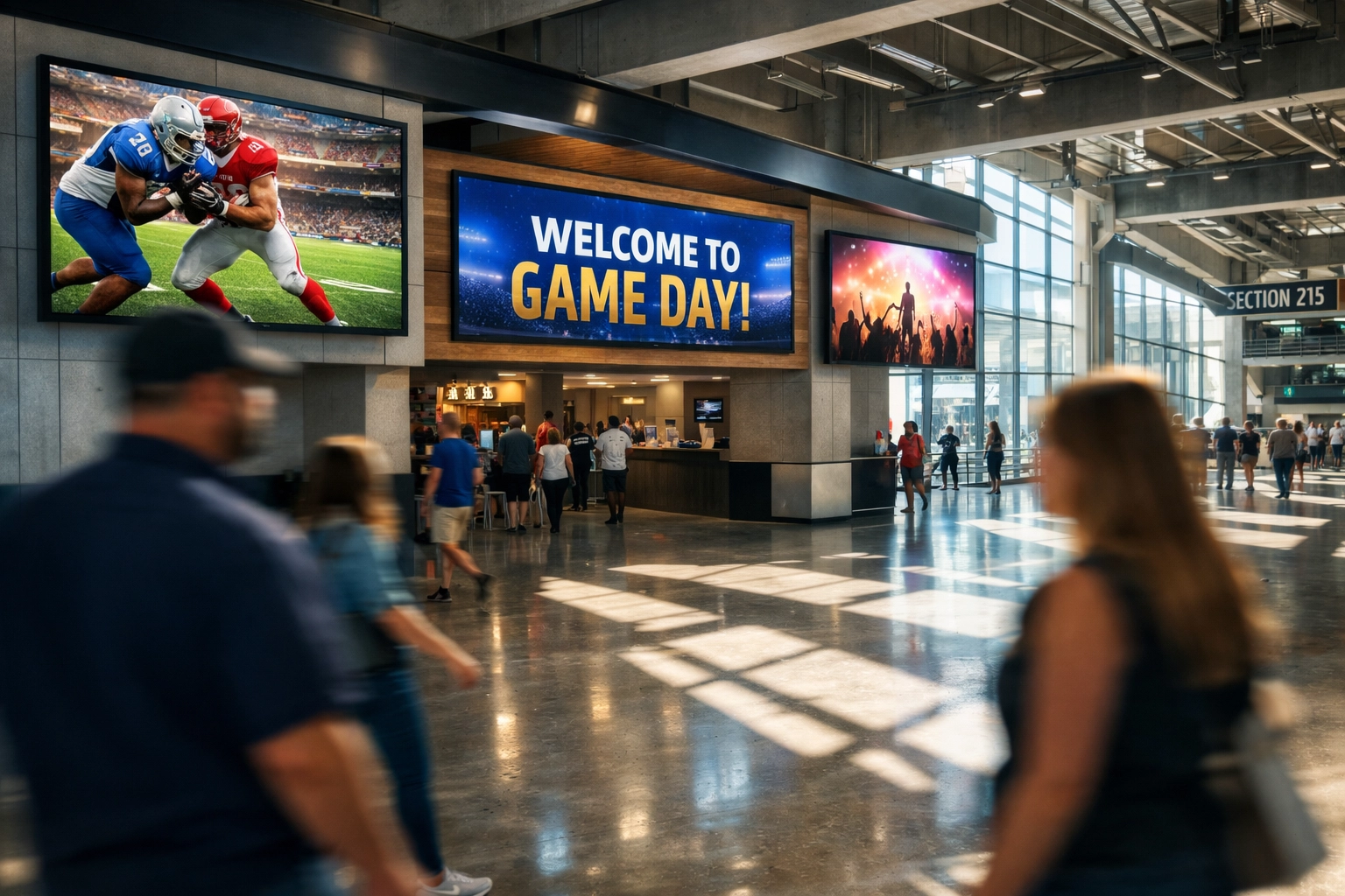 Digital signage screens in stadium concourse showing visitor traffic patterns and sightlines