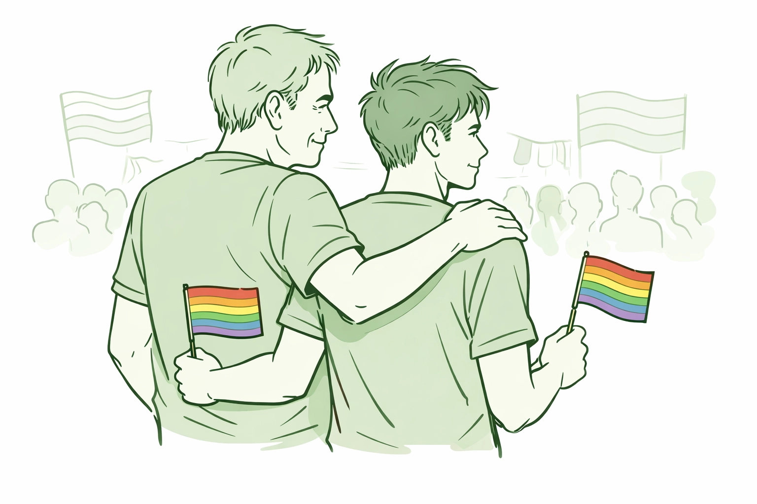 Intergenerational gay family at Pride parade showing generational connection and LGBTQ+ unity