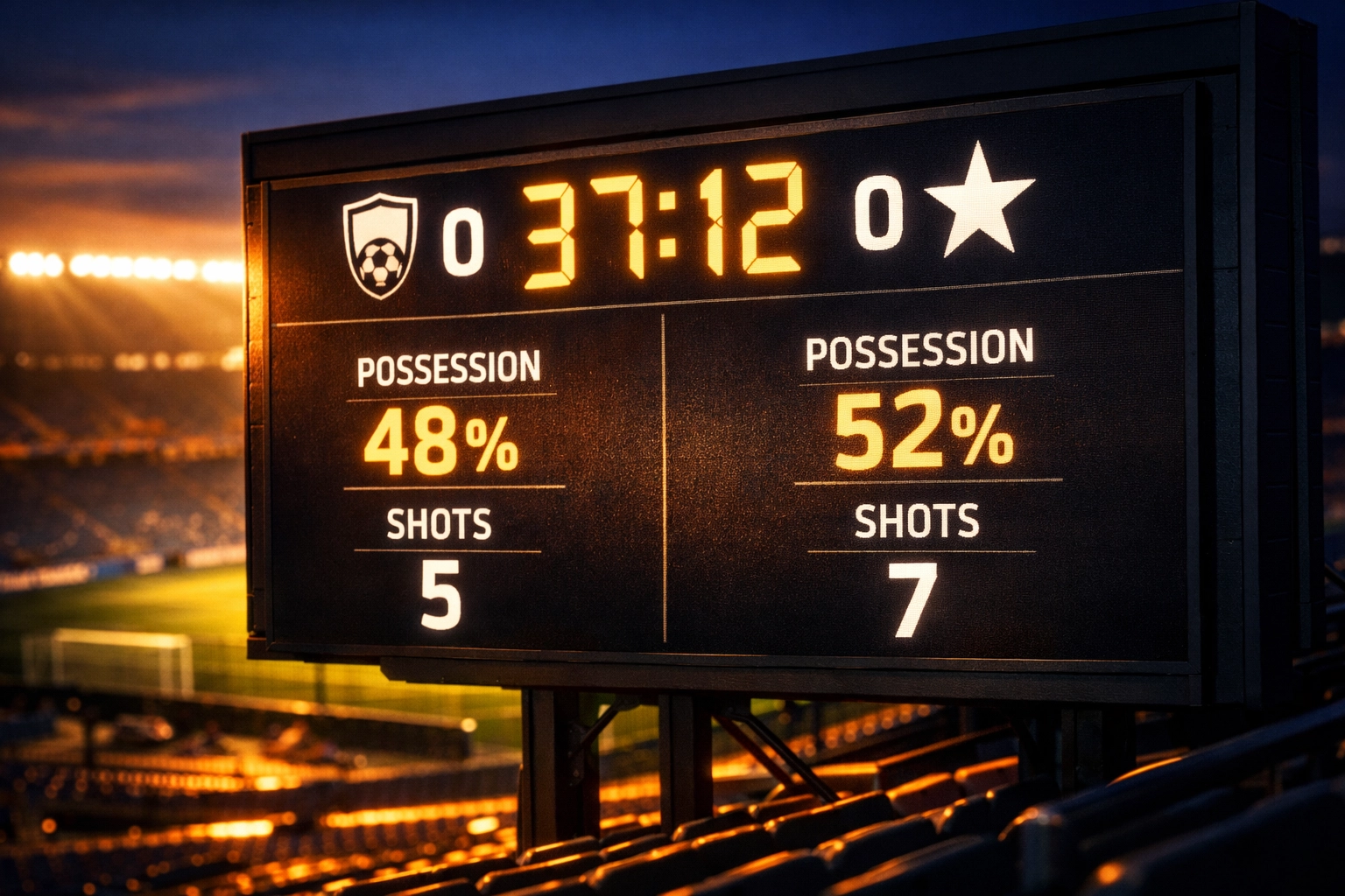 Fußballstadion-Anzeigetafel zeigt 0-0 Spielstand für Under-Wetten Strategie