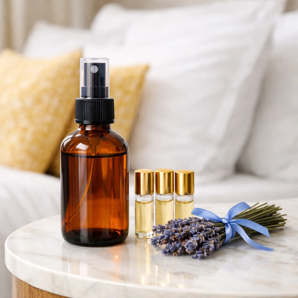 DIY essential oil mattress mist ingredients in a glass spray bottle on a nightstand.