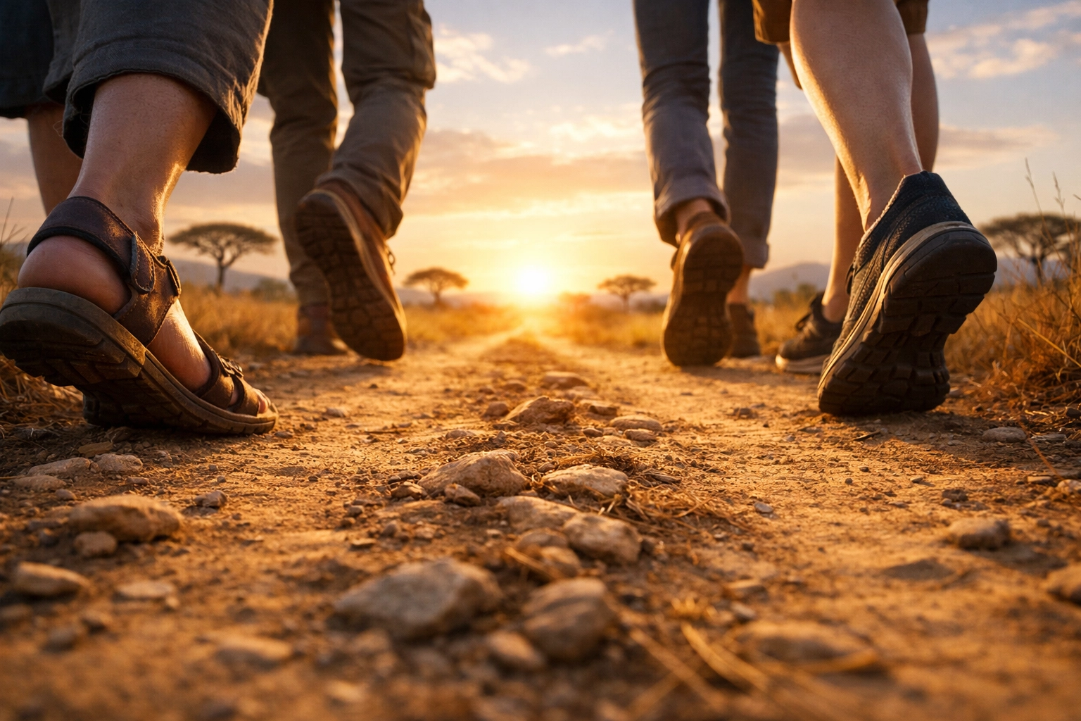 People walking together on a path toward a bright horizon, representing South Sudan’s journey to peace.