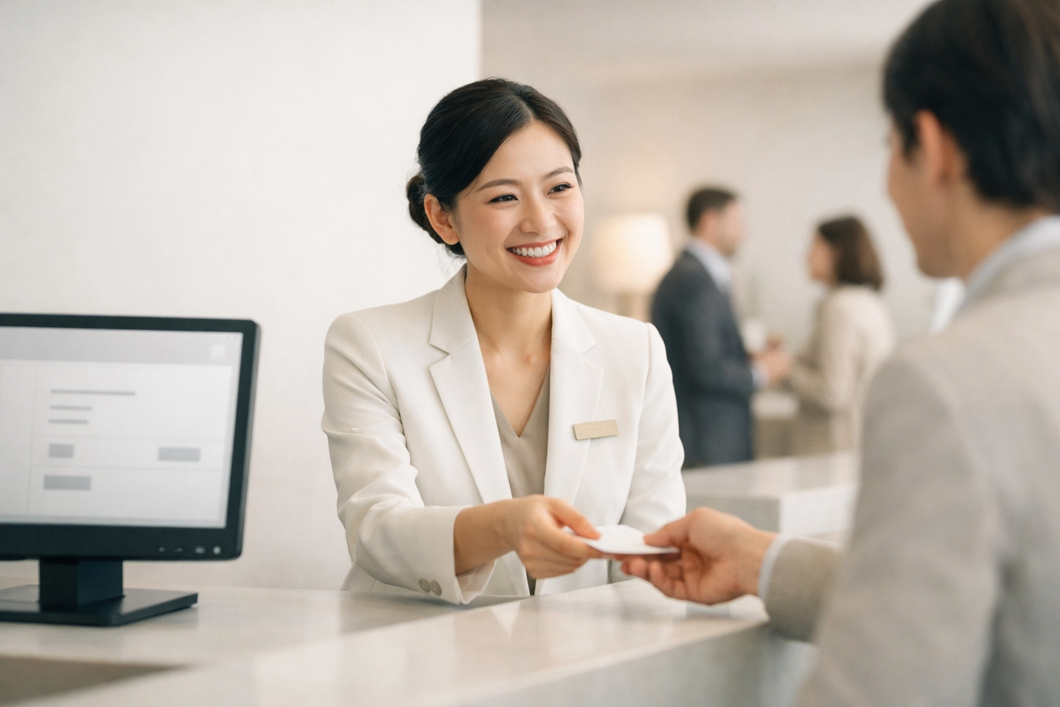 Hotel staff member providing personalized guest service at modern reception counter