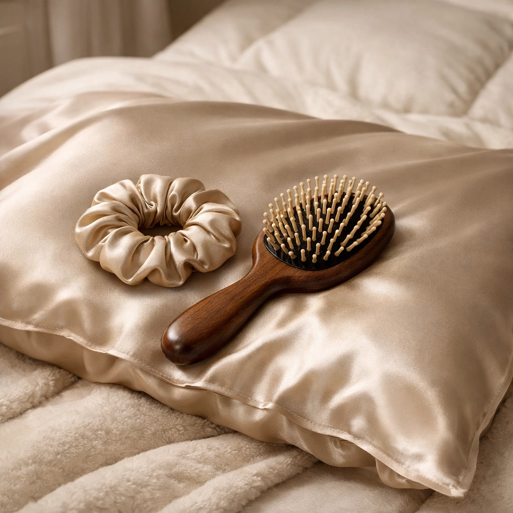Silk pillowcase and wooden hair brush for at-home hair care maintenance after a salon visit in Concord NH.