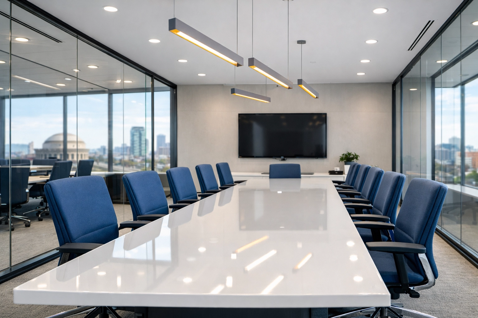 Sanitized conference room in Kendall Square showcasing professional office cleaning Cambridge services.