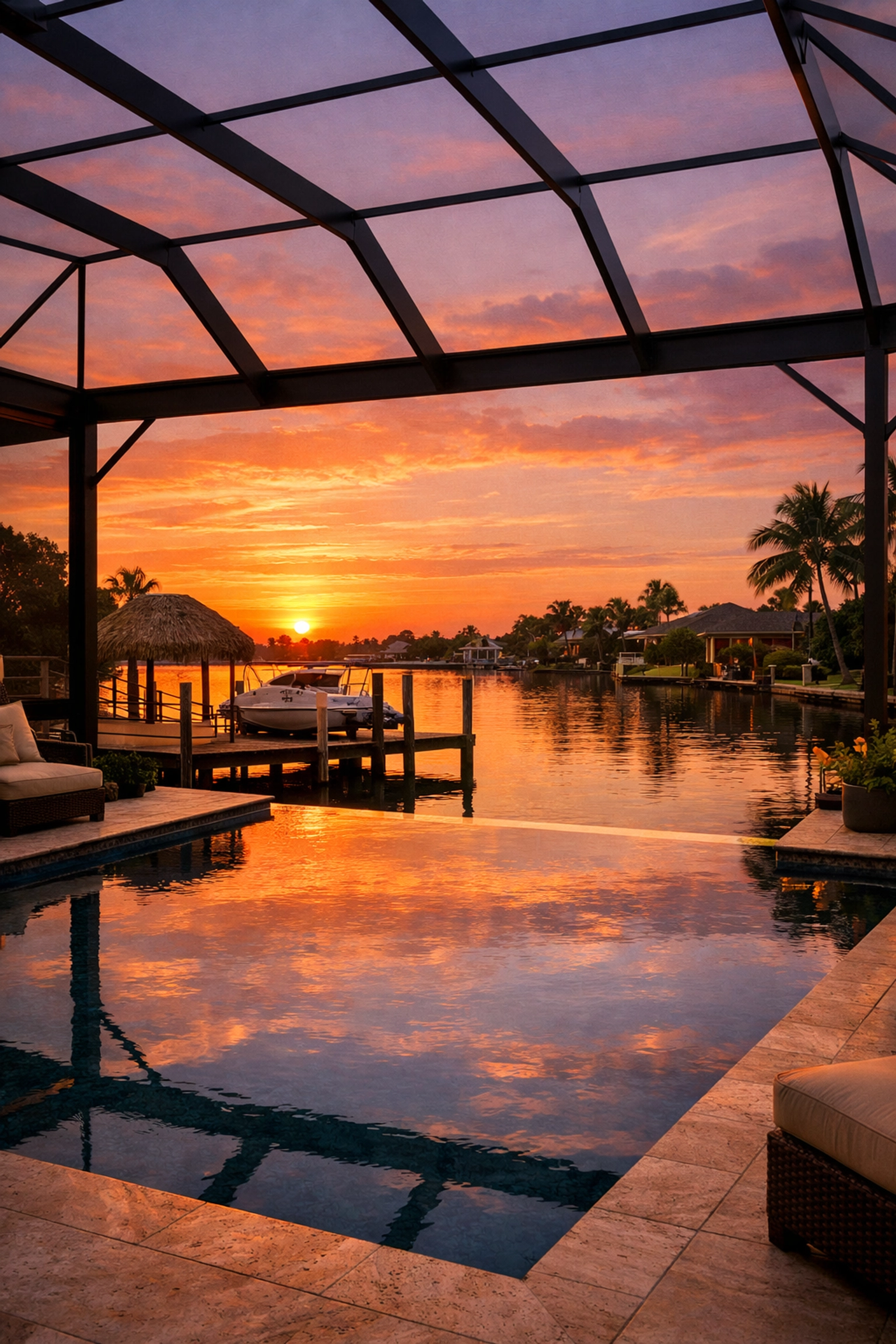 Luxury infinity pool and lanai on a SWFL waterfront lot during a golden sunset.