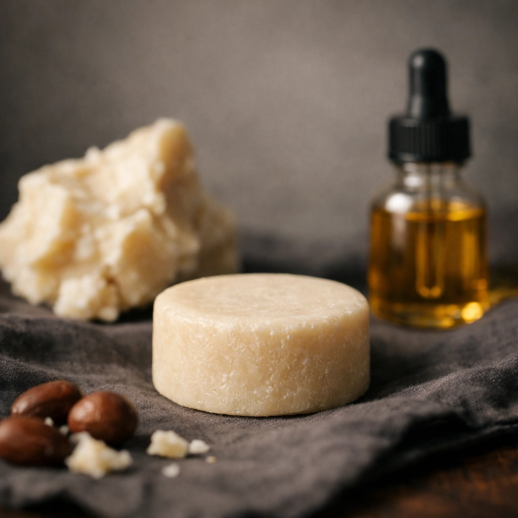 Artisanal beard wash bar with nourishing shea butter and jojoba oil ingredients.
